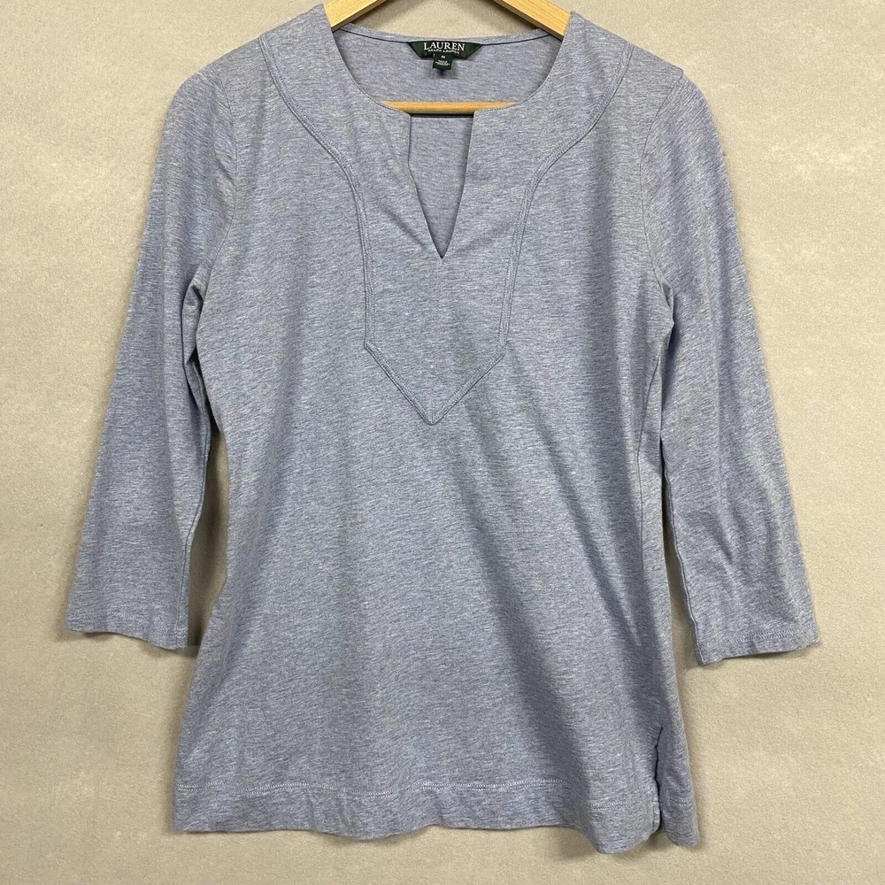 Lauren Ralph Lauren Top Blouse Women’s M 3/4 Sleeves Blue 100% Cotton V-Neck